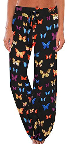 iniber Women's Floral Wide Leg Pajama Pants Casual Yoga Palazzo Drawstring Loose Trousers