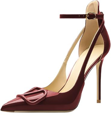 Qunvngutui Women's Pointed-Toe Bag-Toe Strappy V Buckle High-Heeled Shoes Sexy Stiletto Pumps Wine Red Patent Leather US10