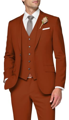 SPTALLFITJSV Costume 3 pièces pour Homme, Coupe ajustée, Costume de Mariage élégant à Un Bouton, Gilet et Pantalon, Orange brûlé, XX-Large