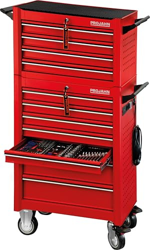 Projahn Werkstattwagen UNIVERSE mit 379-teiliger Bestückung, mit E-Power Elektroverteiler, Werkstattwagenaufsatz, Dosenhalter, Papierrollenhalter, Werkzeugwagen, 7 Schubladen, mit Rollen, Rot 6501-181
