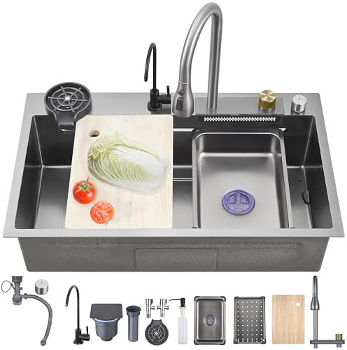 Ribanedy fregadero cascada multifuncional 80 x 45 cm, gris oscuro, fregadero cocina 1 seno inoxidable con grifo rociador abatible, lavavasos y set de accesorios