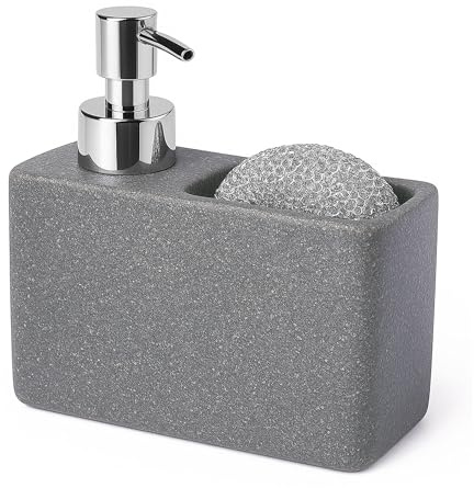 TIENDA EURASIA – Dispensador Jabon Cocina | Incluye Estropajo | Capacidad 150 ml | Polietileno, Vidrio, Resina y Cerámica | Color Gris Oscuro y Plateado | Medidas 14x6x8 cm
