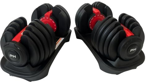 PH Fitness Haltères Réglables Premium 24 kg – Set 15-en-1 avec Réglage à Une Main – Paire Compacte pour Salle de Sport à Domicile – 2,5 à 24 kg – Équipement Musculation Gain de Place (Zwart & Rood)