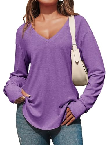 Fisoew Maglietta a Maniche Lunghe da Donna Scollo a V Profondo Top Oversize Maglietta a Maniche Lunghe Casual Maglietta Lunga con Foro per Il Pollice, Viola, L
