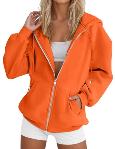 CGGMVCG Damen Kapuzenpullover mit Reißverschluss Übergroße Kapuzen Sweatshirts Übergröße Herbst Winter Lässige Modejacke mit Taschen, Orange, XL