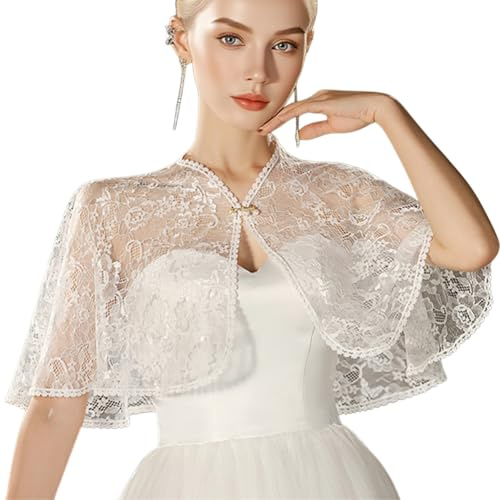 BEAMARKER White Lace Shawl for Women Polyester Elegant Short Floral Bridal Lace Shawl Cape Wedding Capelet Cloak Cover Up Wraps Shrug for Formal Evening Dresses Party Wedding Bridal Bridesmaid Cape