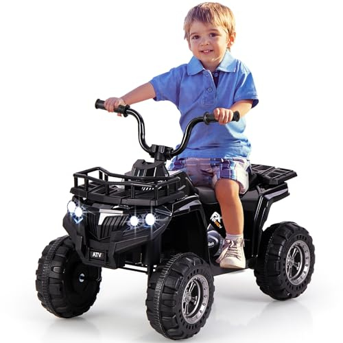 COSTWAY 6V Quad Électrique Enfant avec Musique & Phares LED, Voiture Électrique ATV avec 4 Roues Antidérapantes & Pédale, Panier de Rangement & Lecteur MP3, 2 km/h pour 2-5 Ans (Noir)