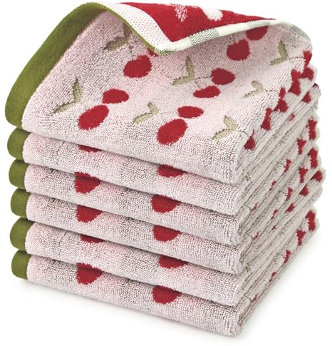 Cleanbear Cherry Pattern Washcloths 6 Pack, Reversible Cotton Wash Cloths 13 x 13 Inches, Soft Absorbent Face Towels for Bathroom, Red