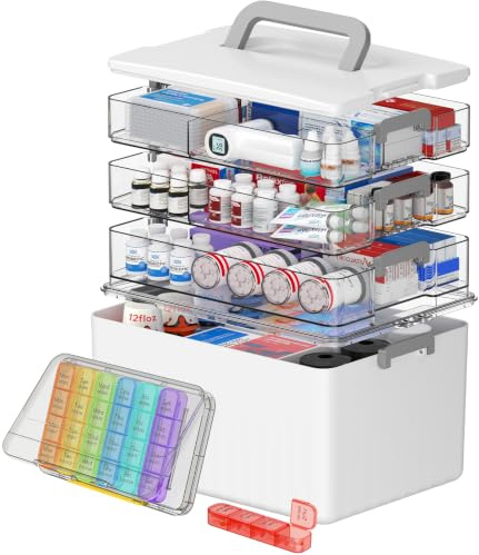 Lifewit Bärbar Medicinlåda, Förvaring Av Läkemedel Med Handtag För Flaskor Upp Till 18 Cm Höga, Medicinorganiserare För Hemmet, Kontoret Och Skolan, 4 Hyllplan, Med Medicinlåda