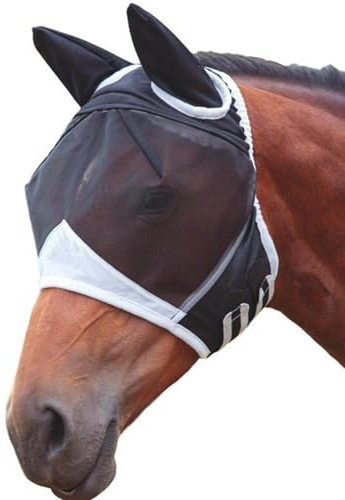 Masque Anti-Mouches Cheval Filet Respirant Demi-Visage avec Oreilles | Sangle Élastique UV Anti-Mouches pour Équidés pour Bétail Vache Ferme Campagne Toutes Saisons
