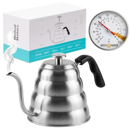 Barista Warrior Gooseneck Kettle with Thermometer - 1.2L Pour Over Coffee & Tea Kettle, 18/8 Stainless Steel Gooseneck Kettle Pot, Precision Pour Drip Spout, Suitable for All-Stoves (40 fl oz)