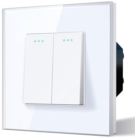 BSEED Electrical Wall Light Switch,Rocker Button wih LED Backlight,10A Toggle On/Off,Glass faceplate, Horizontal & Vertical Mounting,2 Gang 1 Way,86mm White