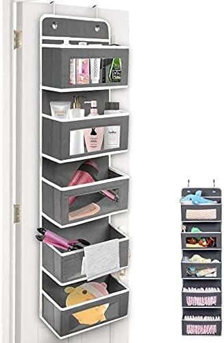 AOIEORD Over the Door Storage Wardrobe Organiser with 5 Pockets Fabric Foldable Hanging Storage, Transparent Window Bin, and Towel Storage - Bedroom Accessories Closet Space Saver