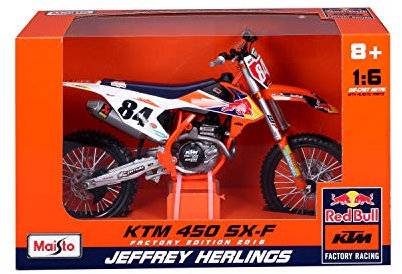 Maisto - Red Bull KTM Supercross SX450 Jeffrey Herlings, Maßstab 1:6, Detailliertes Diecast Modell, funktionierende Federung, bewegliche Lenkung, inkl. Ständer, Altersempfehlung ab 8 Jahren