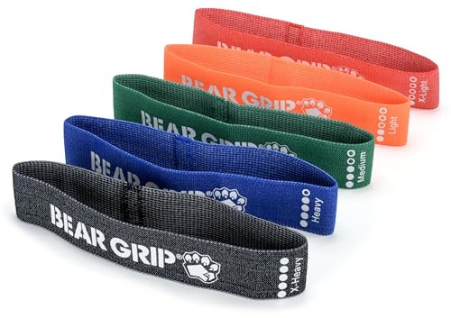 BEAR GRIP Bandas de resistencia de tela para entrenar, bandas elásticas y codificadas por colores para ejercicio, piernas, glúteos, sentadillas, fitness en casa, yoga y pilates, 5 niveles de