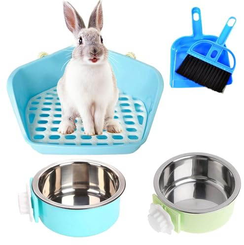 kathson Bunny Potty Trainer Corner Pan Rabbit Toilet Guinea Pig Litter Box with 2 Pack Pet Removable Hanging Crate Bowls for Small Animal