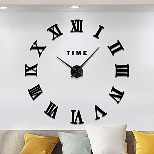 Meyiert Modern Frameless DIY Mute Large Wall Clock Roman Numerals 3D Mirror Sticker Metal Big Watches Wall Clock for living Room Kitchen Home Office Bedroom School Decoration (Black)