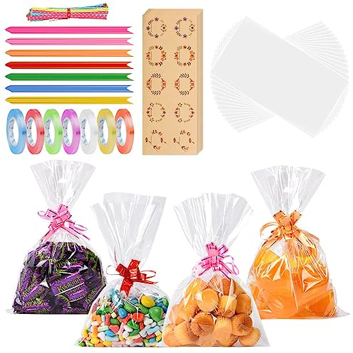 OFFCUP Pack of 70 Cellophane Bags, 16 x 24 cm Candy Bags, Transparent, Transparent Pastry Bags, with 100 Golden Filigree Strips, 70 Stickers, 70 Flower Towels and 7 Ribbons, Chocolate Sweets
