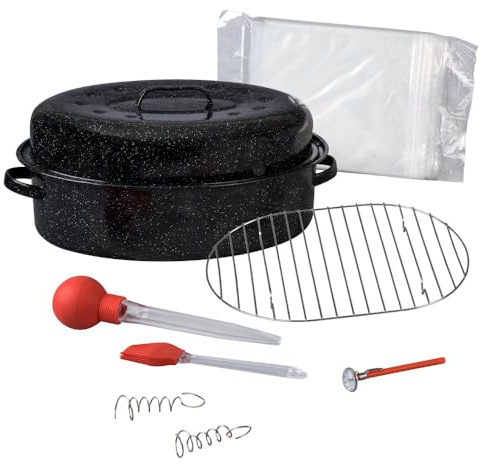 Granite Ware 19 in Oval Roaster Set (10pcs), includes Lid, Rack, 2 pack brining bags, oven/grill-safe meat Thermometer, Turkey Baster with silicone bulb, and a small brush.