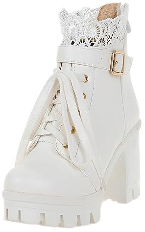 rismart Botín Mujer Bota de Tobillo Cremallera Correa con Hebilla Moda Zapatos de Plataforma Blanco,36