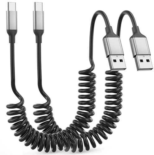Coiled USB C Cable Short, 2 Pack USB C Charging Cable Type C Charger Lead | Car Fast Charging USB A to USB C Spiral Cord with Data Tranfer for Samsung Galaxy, Huawei, Google, Oneplus, Android Auto