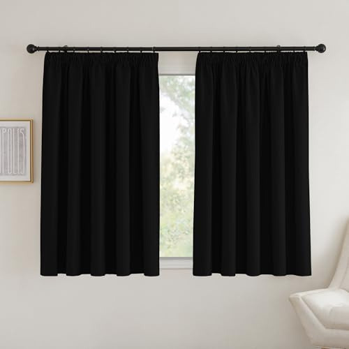 PONY DANCE Blackout Pencil Pleat Curtains, Black, W90 x L54 Inch, 2 Panels | Thermal Insulated Curtains with Noise Reducing & Privacy, Luxury Soft Window Treatment for Bedroom & Living Room