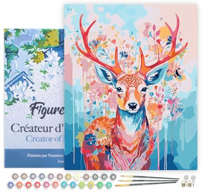 Figured'Art Peinture par Numéro Adulte avec Cadre Cerf coloré en fleurs - Activité Manuelle Kit de Loisir Créatif DIY Numéro d'Art Complet - 40x50cm toile tendue sur châssis