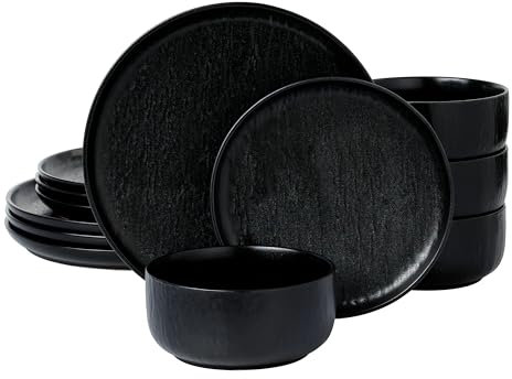 Joseph Sedgh Collection “Ari 12-piece Stoneware Dinnerware Set with Protective Glaze Finish, Service for 4, Matt Black