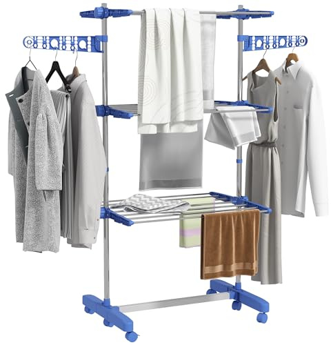 HOMCOM Stendibiancheria Verticale a Torre 3 Livelli Regolabili, Stendino Pieghevole Salvaspazio Estensibile in Acciaio Inox con 6 Ruote, Ganci, Grande Capacità, Interni, Balcone, 142x55x152cm, Blu