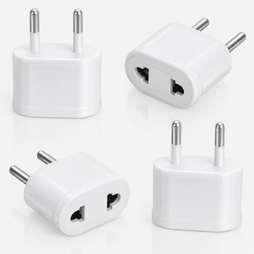 TECHZOCO Adaptador de Enchufe de EEUU a Enchufe Europeo, Adaptador de Corriente Americano a Europeo, Enchufe Viaje, 125~250 V/6 A, Potencia máxima a 250 V: 1500W, Blanco, 4 Unidades