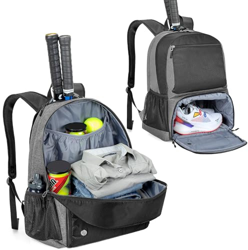 DSLEAF Bolsa de Tenis con Compartimento Independiente y ventilado para Zapatillas, Mochila para Dos Raquetas de Tenis con Correas Acolchadas para los Hombros (Gris)