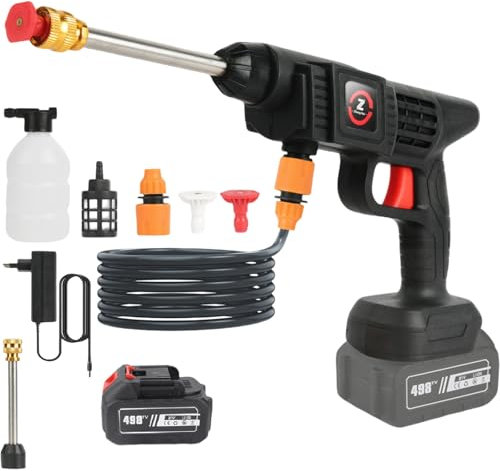 Hidrolimpiadora Bateria 21V MAX 35Bar, Hidrolimpiadora de Alta Presion con Baterías, Jarra de Espuma, Manguera de 5m, Press & Clean Pistola Lavado de para Coche, Césped (con 1 Batería de 6,0 Ah)