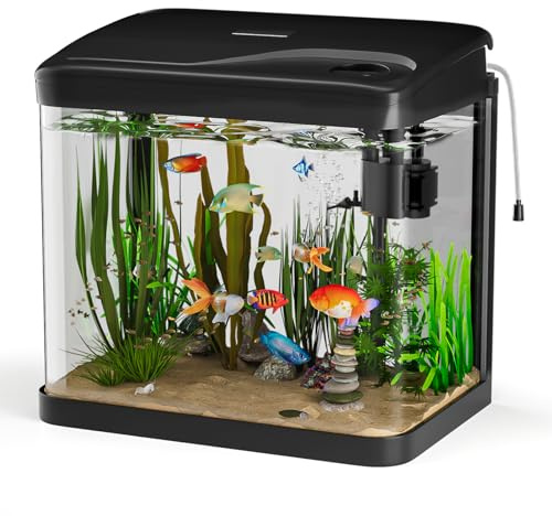 Vankarr Aquarium Complet 15L,Aquarium en Verre,Aquariums Poisson Rouge,avec Système de Filtration,Couvercle et lumières LED, Pompe à Eau,pour Poissons Combattants, Poissons Rouges, Noir