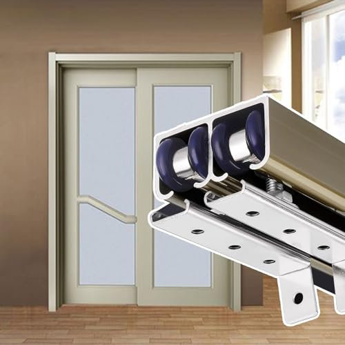 HWLL Sliding Door Kit Bypass Door Track Hardware Set, Double Doors Aluminum Box Rail Kit - Fit Door Thickness 3/4 to 1, Study Room Kitchen Closet Door Guide(Brown,25inch/63.5cm)