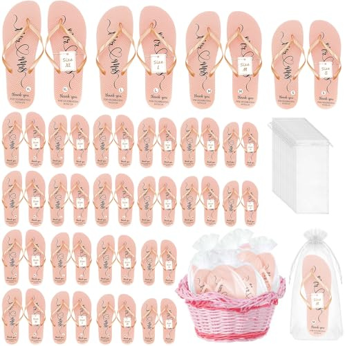 MALLOOM Set di 24 paia di infradito da matrimonio, sandali infradito da donna, con biglietti di taglia e sacchetti con coulisse, Rosa, Taglia unica