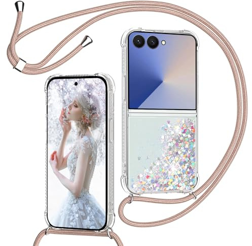 Cover per Samsung Galaxy Z Flip 7 con Cordino, Custodia Brillantini Liquido con Collana Trasparente Ultra Sottile Silicone Antiurto Protettivo Sabbie Mobili Case per Cellulare Cordoncino, Oro Rosa