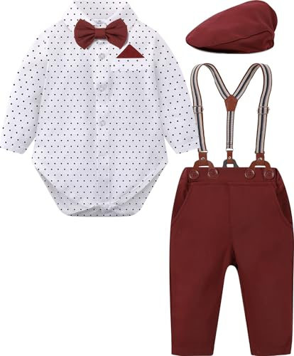mintgreen Baby Boy Suit Gentleman Wedding Formal Outfit Set Bodysuit Suspenders Bow Tie with Hat, Burgundy, 0-3 Months, 60