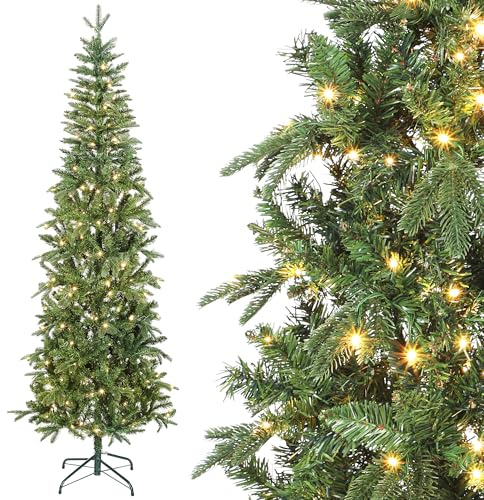 HOMCOM Sapin de Noël Artificiel 210 cm Arbre de Noël Slim 300 Lumières Vert