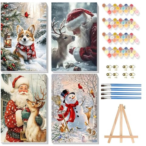 Bowetile 4-pack jul inramad måla efter siffror för vuxna duk och trästaffli, jultomte målning efter siffror kit för nybörjare duk, gör-det-själv färg oljemålning akrylfärger för hem väggdekoration 20