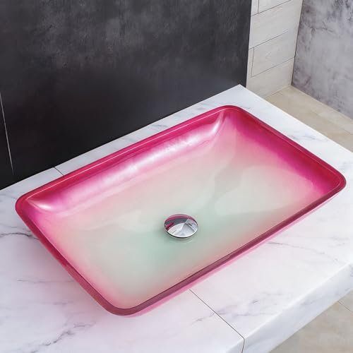 ZYCDP Lavabo Vidrio Sobre Encimera Rectangular 570 X 370 X 110mm Sin Orificio Para Grifo Rosa