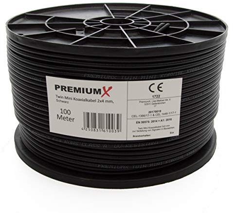 Premium X 100 Meter Sat Koaxial Kabel 90dB Twin Mini 2X 4 mm Schwarz Antennenkabel FullHD HDTV NEU