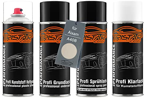 TRISTARcolor Ensemble de bombes de peinture Peinture voiture pour plastique pour Aixam A408 Blanc Nacre apprêt adhérent, peinture de base, vernis transparent avec assouplissant