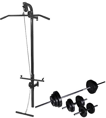 vidaXL Latzugturm Wandmontage Langhantel Kurzhantel Set 30,5kg Latzug Seilzug