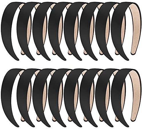 SIQUK 16 fasce per capelli in raso nero, 2,5 cm, per fai da te, in tinta unita, per donne