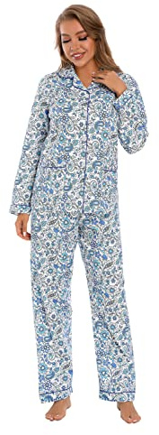 GLOBAL Womens Pyjama Sets 100% Cotton Ladies PJs Button Front Top and Drawstring Bottoms