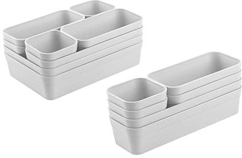 Engelland - Schubladen-Organizer Set, 14-teilig, Farbe: Hellgrau, universell verstellbar, Aufbewahrungs-Box, Einteiler, Trenn-System, Utensilien, Stauraum, Wohn-Badezimmer, Kunststoff, BPA-frei