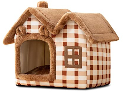 Galatée Lit De Grotte pour Chat, Igloo Chaud Et Confortable pour Chat en Peluche, Lit pour Chien Lavable avec Coussin d'oreiller Amovible, Améliore Le Sommeil, Maison De Chat Pliable(S, Marron)