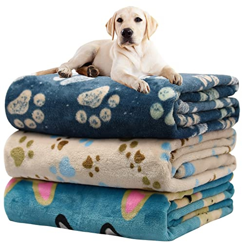 Rezutan Premium Dog Blankets for Large Dogs & Cat Flannel Blanket Washable, Soft Pet Throw Cover for Kennel Crate Bed, Cute Paw Pattern,41x31 inch, Blue/Beige/Navy Blue