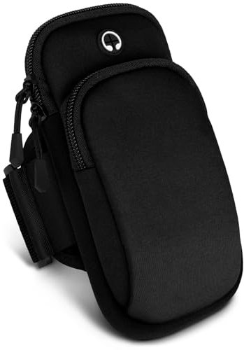 ONEFLOW Premium Sportarmband Handy Armband zum Joggen kompatibel mit LG Q7 Plus | Lauftasche Smartphone Armtasche weich, 2 Fächer - Sport Handyhalterung Arm, Schwarz