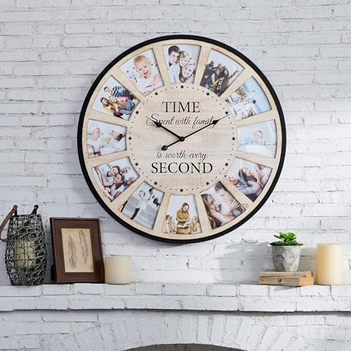 UPPER DECOR Reloj de pared con collage de marcos de fotos grandes, reloj rústico vintage, decoración de pared, reloj de pared grande de granja para el hogar, cocina, sala de estar, silencioso,